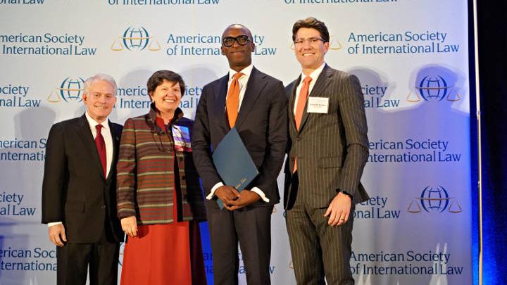 From left, Mark Agrast, ASIL Executive Director, Lucinda A. Low, ASIL President, Olufemi Elias, MICT Registrar and David D. Bowker, Chair of the ASIL Executive Committee, at the award ceremony on 5 April 2018 in Washington, D.C